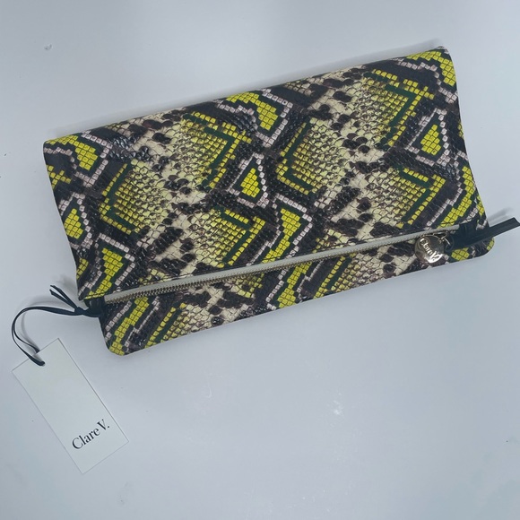 Clare Vivier Clare V. Clutch Fold Over Zip Leather Yellow Riviera Snake - Picture 2 of 6